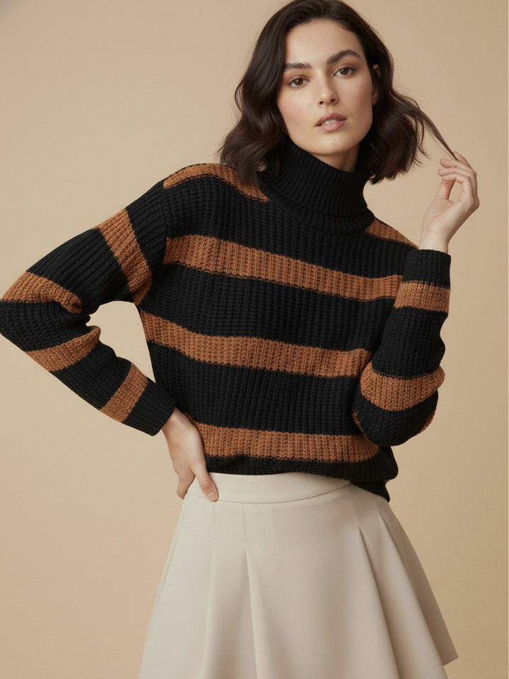 Black High Neck Striper Sweater