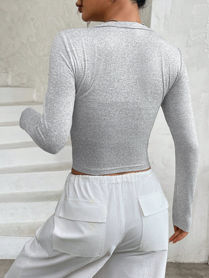 Grey Basic V Neck Full Sleeved Top