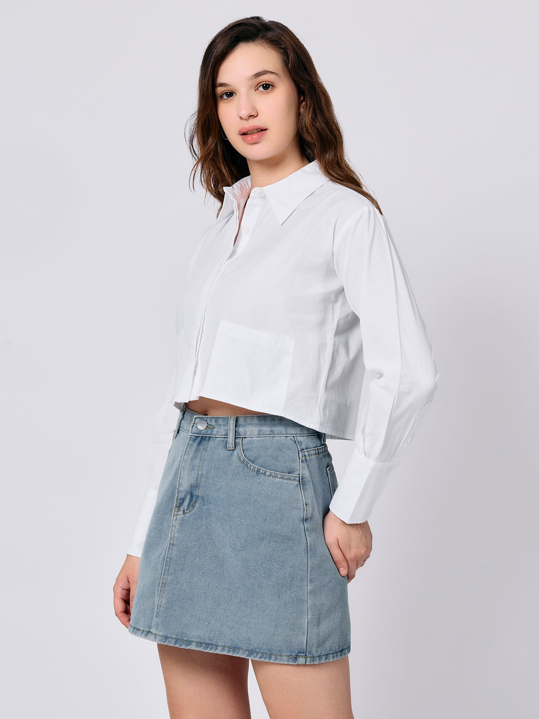 White Cropped Fitted Shirt