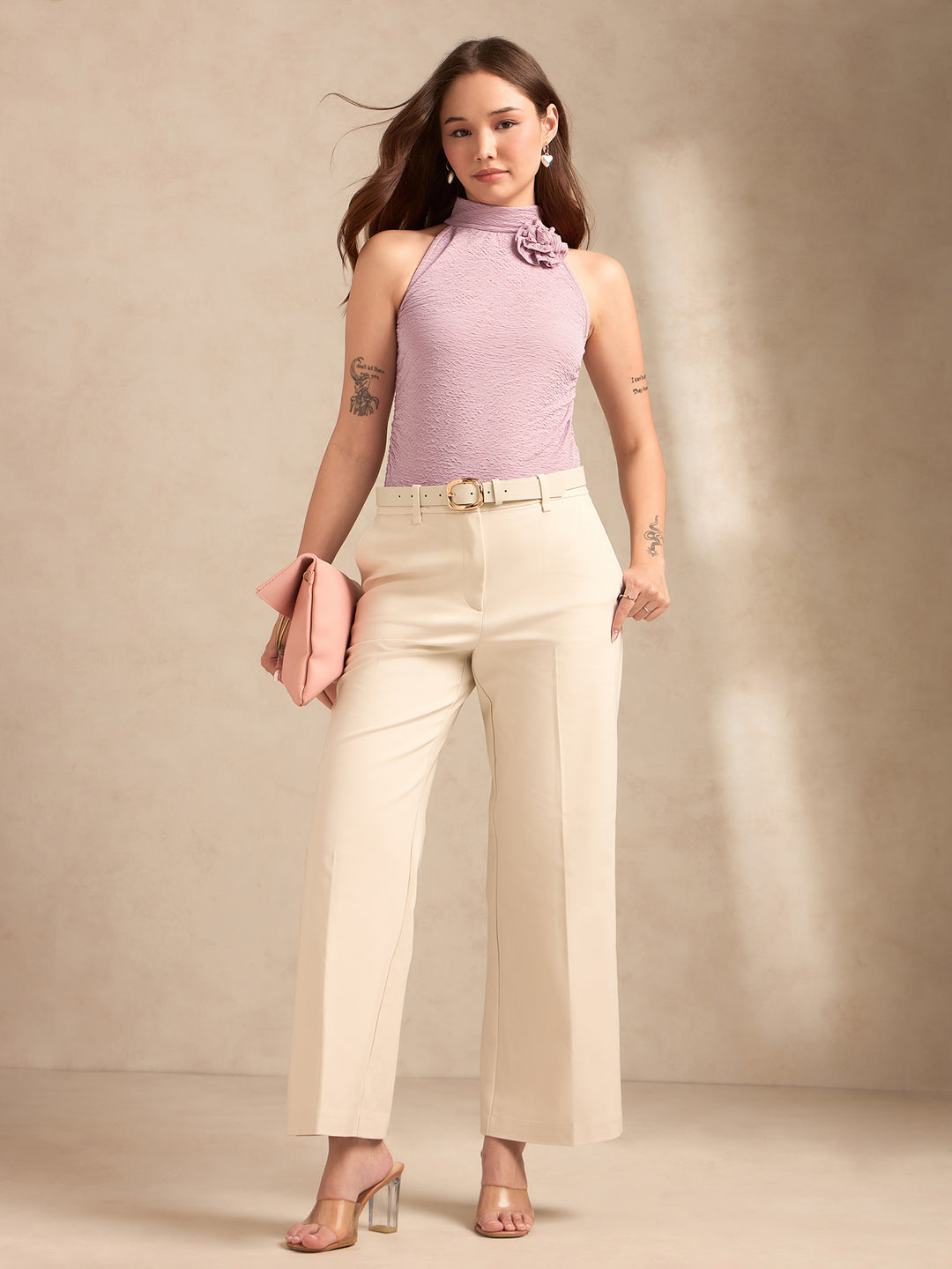 Pink Textured Solid Halter Neck Tank