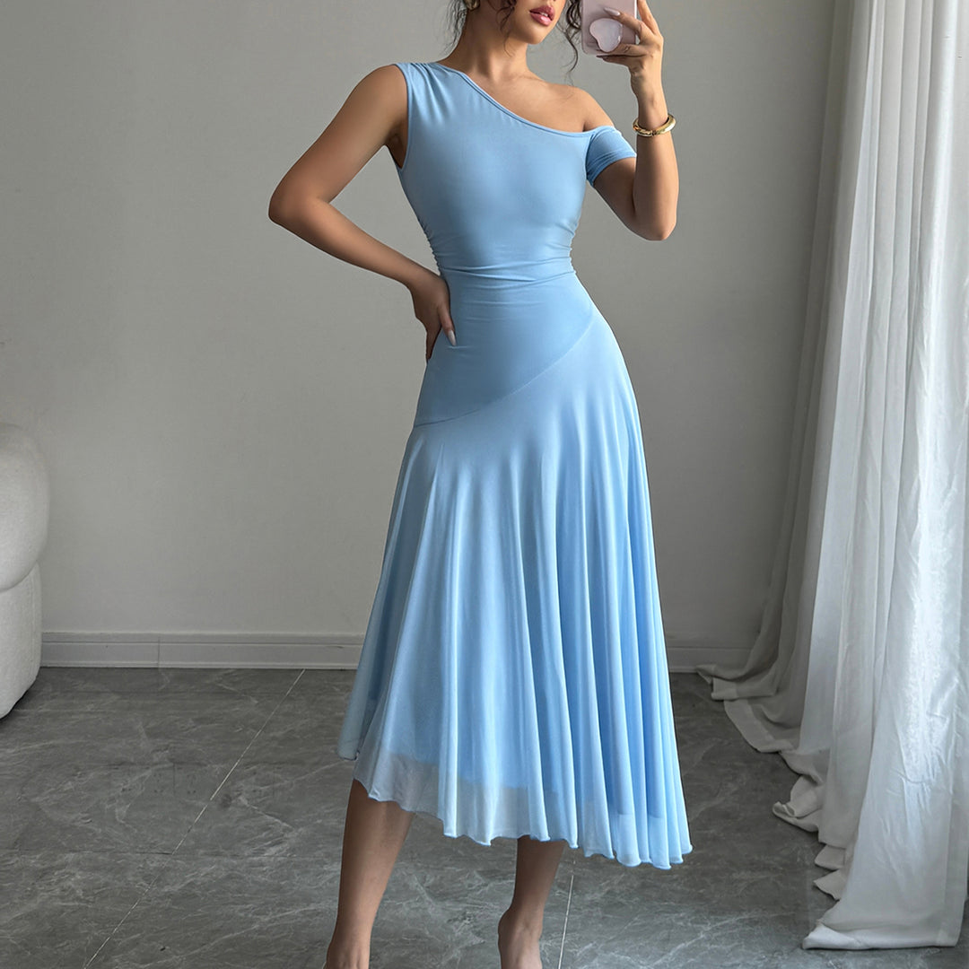 Blue One Shoulder Sleeveless Pleated Dress