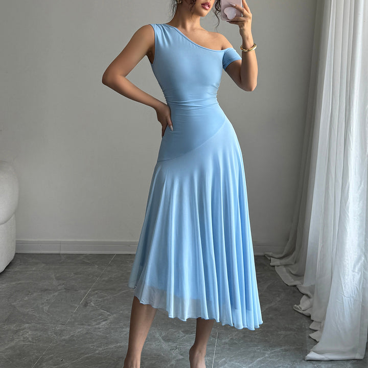 Blue One Shoulder Sleeveless Pleated Dress