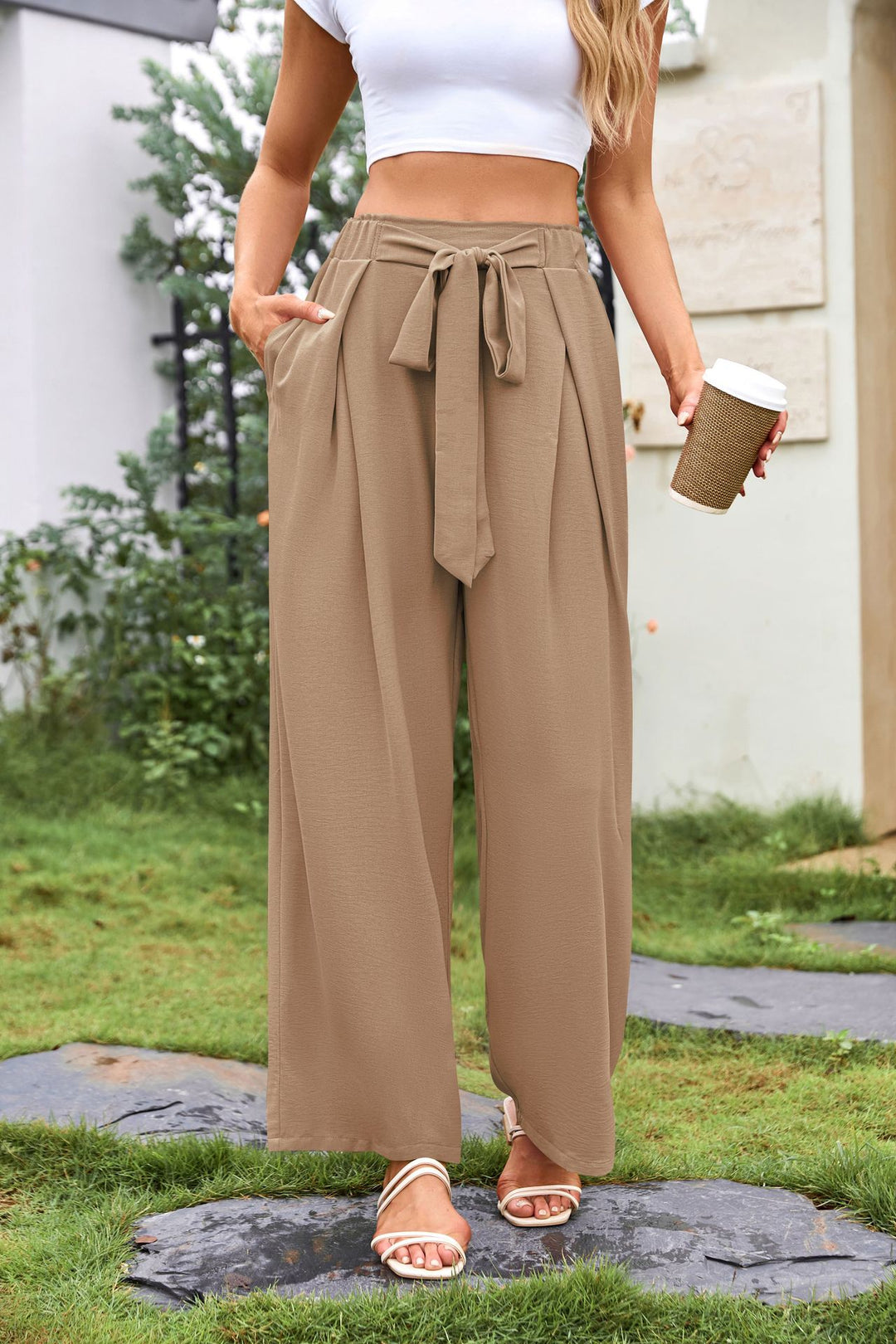 Khaki Knotted Elastic Band Flared Trousers
