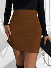 Brown Textured Knit Side Slit Skirt