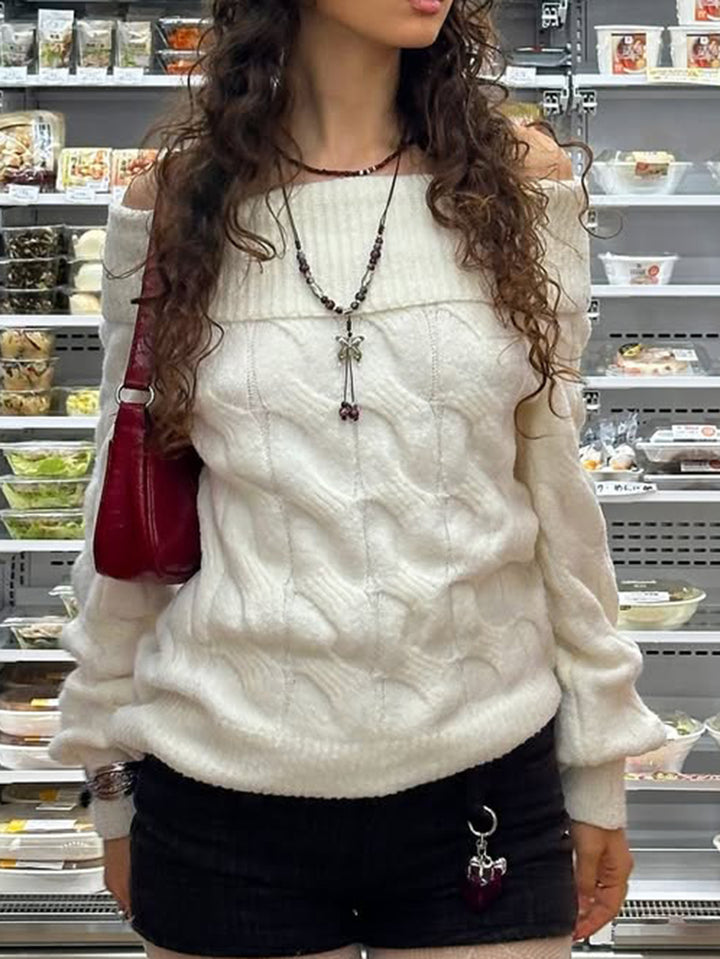 White Classic Cable Knit Turn-Up Neckline Relaxed Sweater