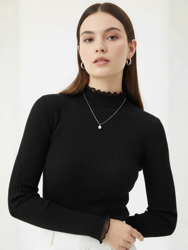 Black High Neck Scallop Detail Top