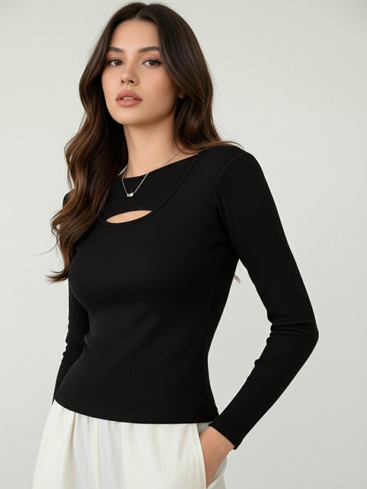 Black Full Sleeve Neck Cut-Out Fitted Top