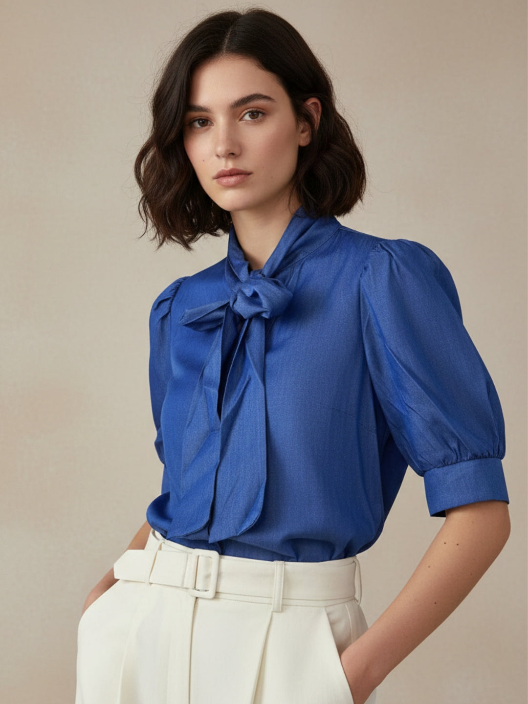 Blue Puff Sleeved Large Bow Detail Neck Blousson