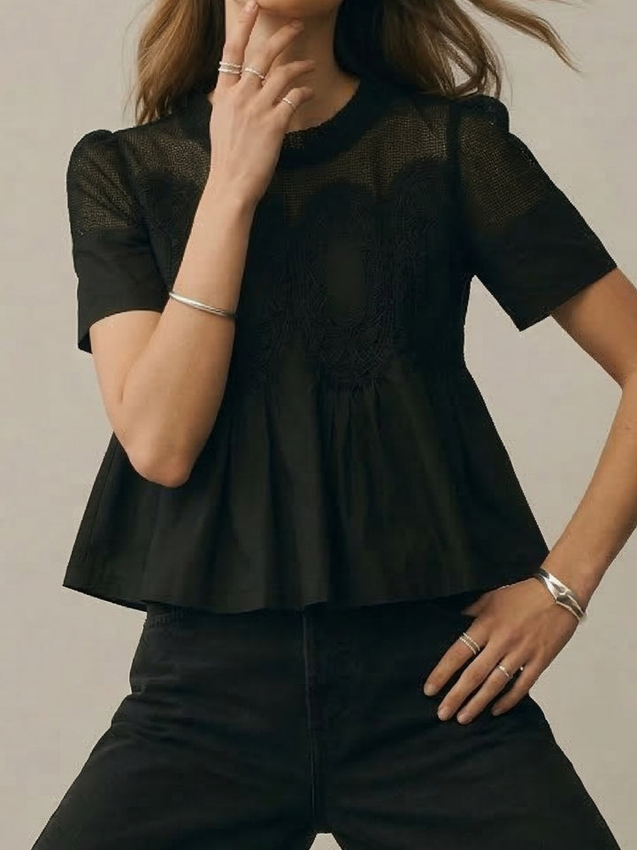 Black Crew Neck Textured Top