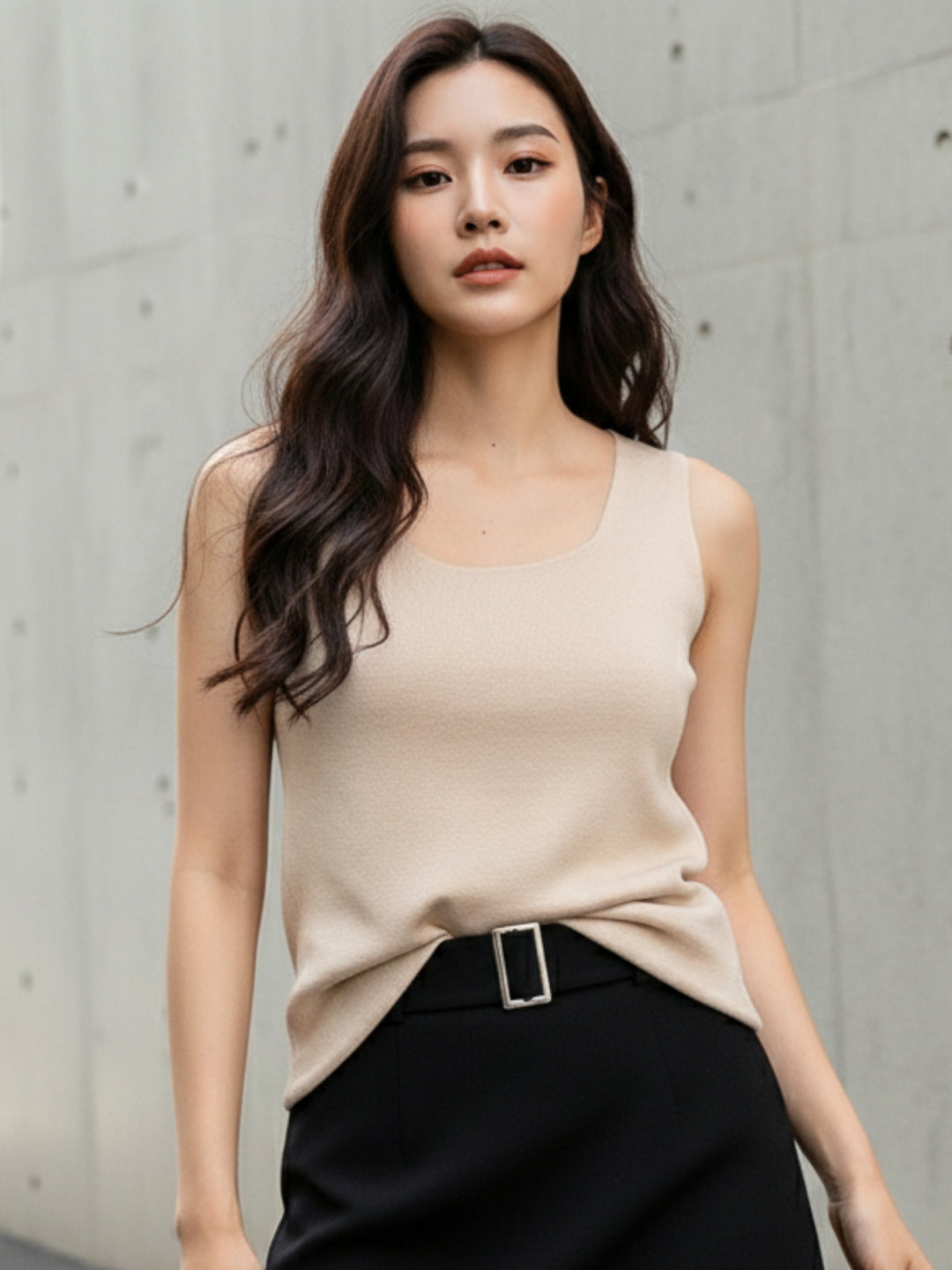 Beige Sleeveless Basic Tank Top