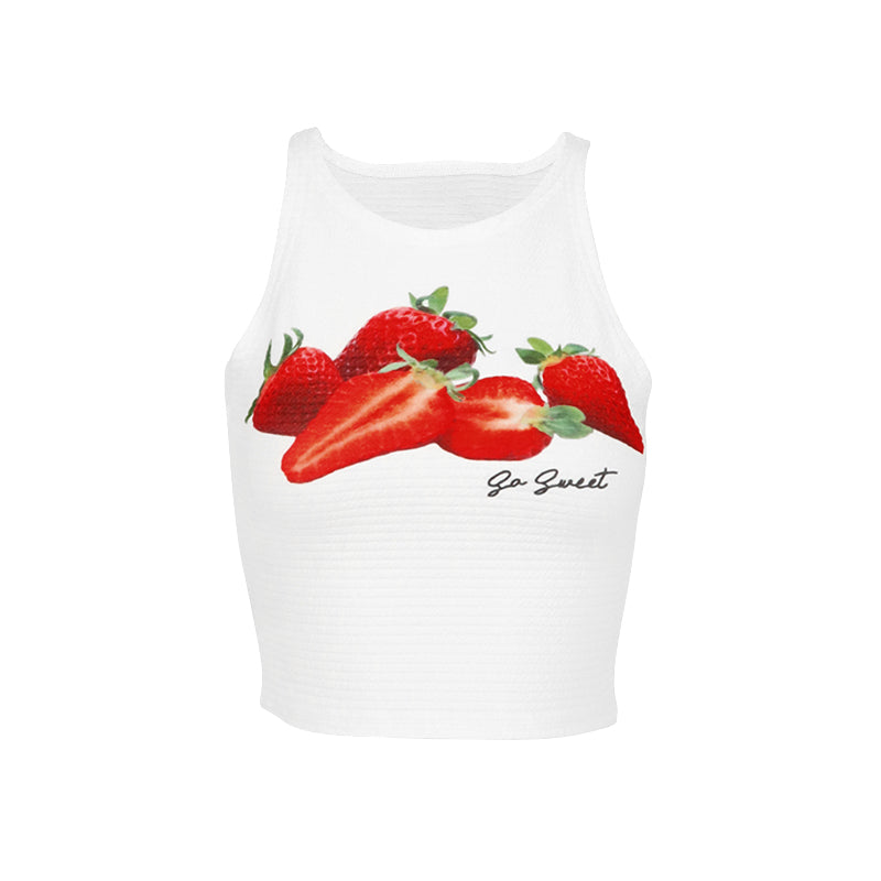 White Strawberry Printed Tank Top