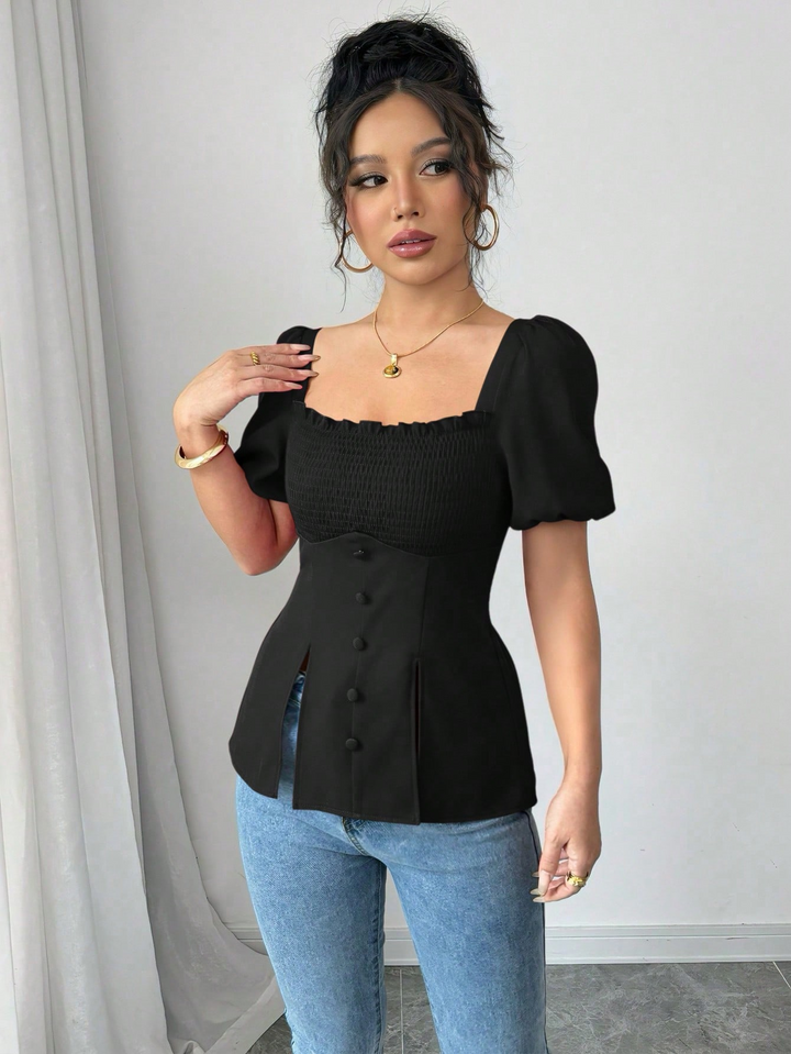Black Puff Sleeve Square Neck Slit Top