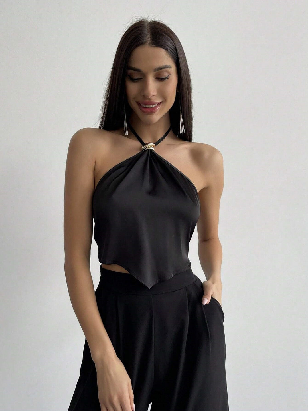 Black Halter Neck Buckle Attached Top