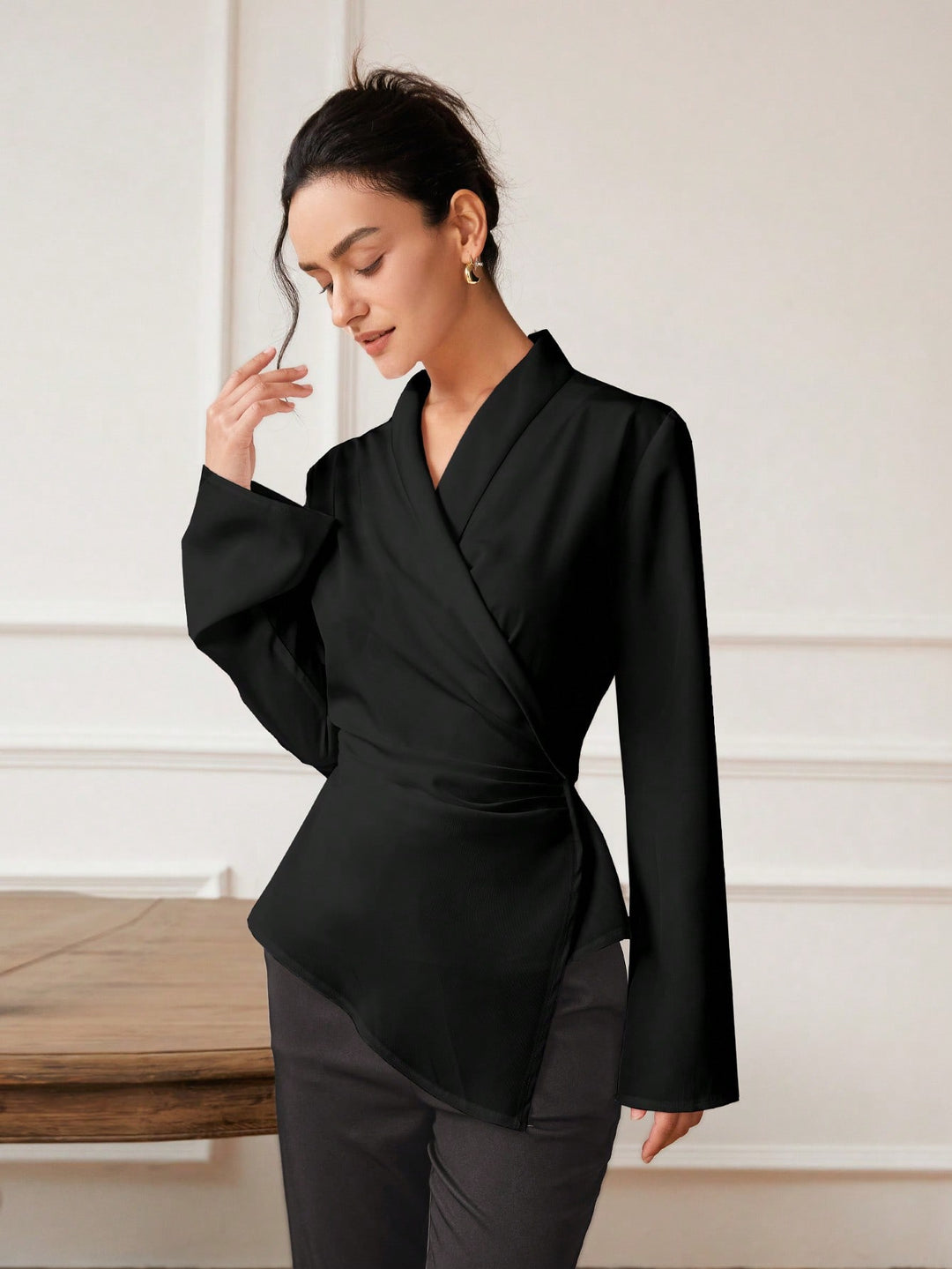 Black Bell Sleeve Wrapped Detail Top