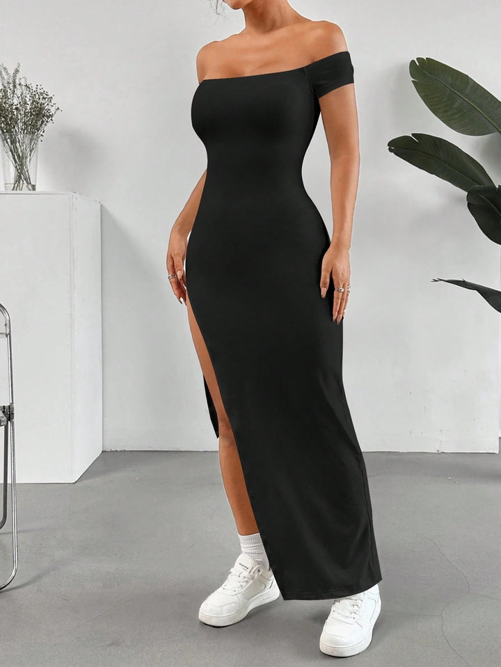 Black Off Shoulder Slit Dress