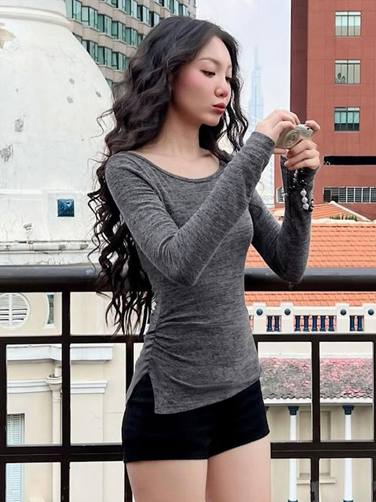 Grey Broad Neck Full Sleeves Side Cut Top