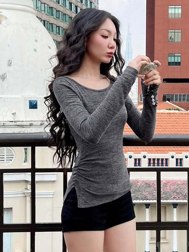 Grey Broad Neck Full Sleeves Side Cut Top