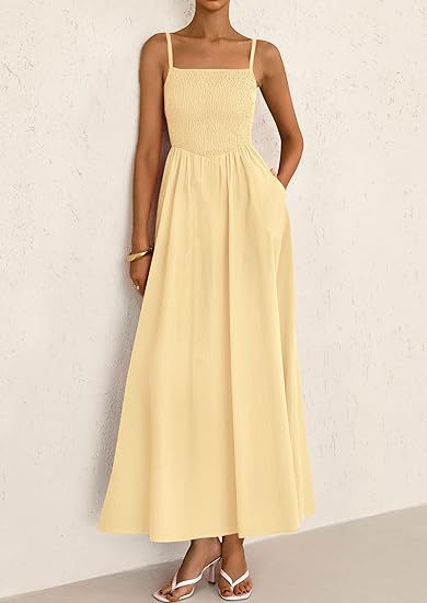 Yellow Strappy Square Neck Cinched Waist Dress With Pockets
