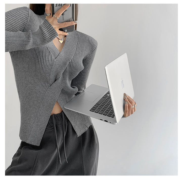 Grey Full Sleeve V Neck Wrap Pullover Top