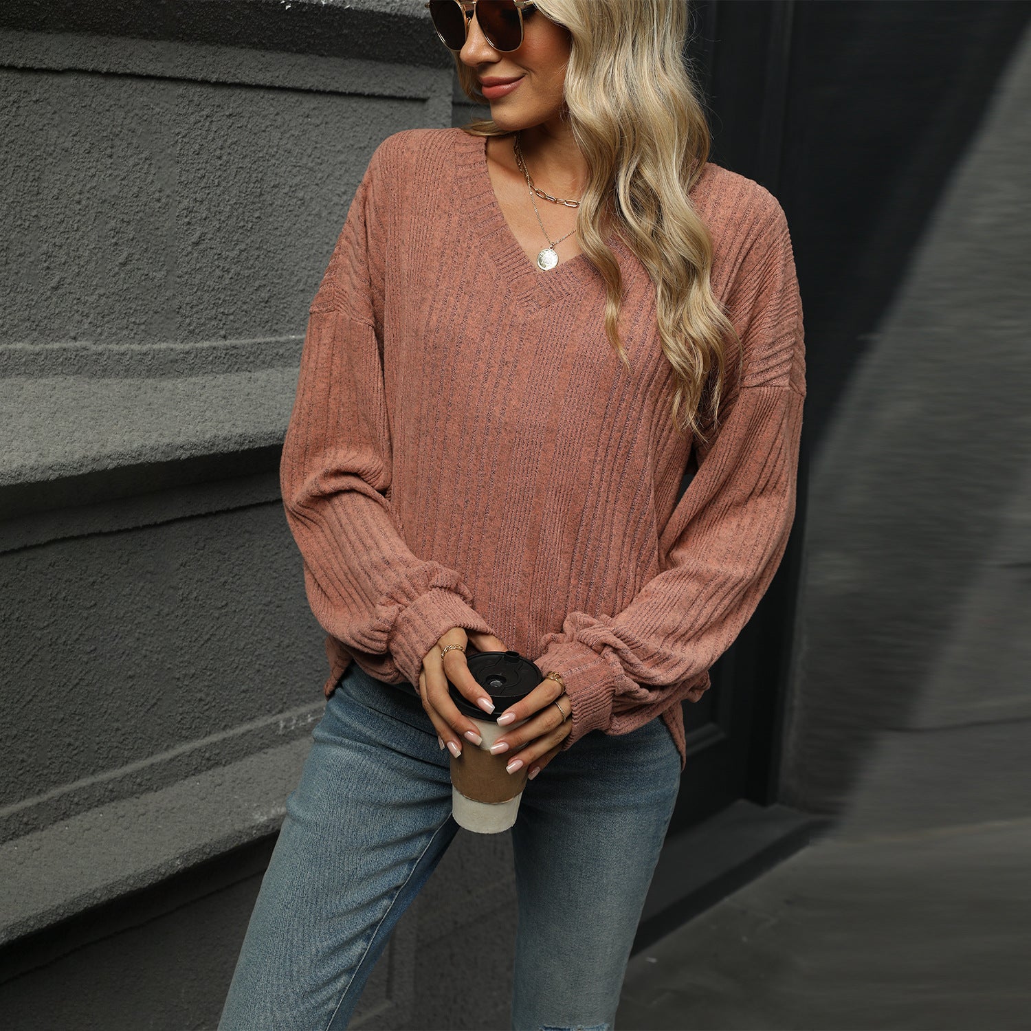 Mauve Bishop Sleeve Solid Relaxed Top