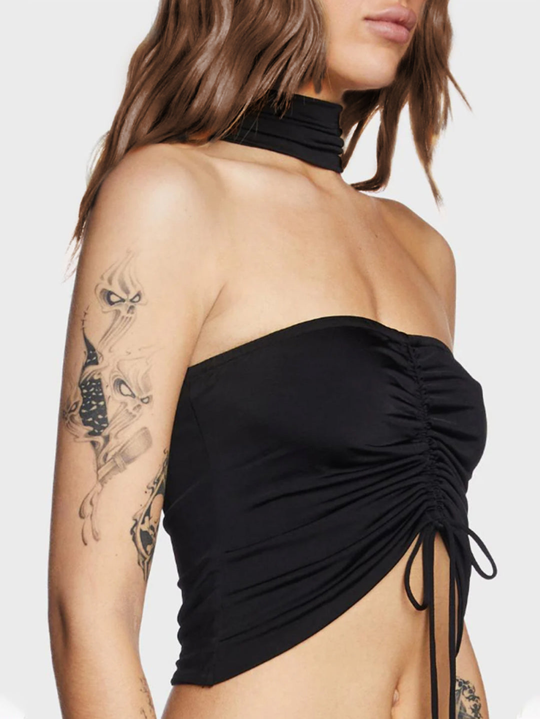 Black Choker Neck Front  Ruched Top