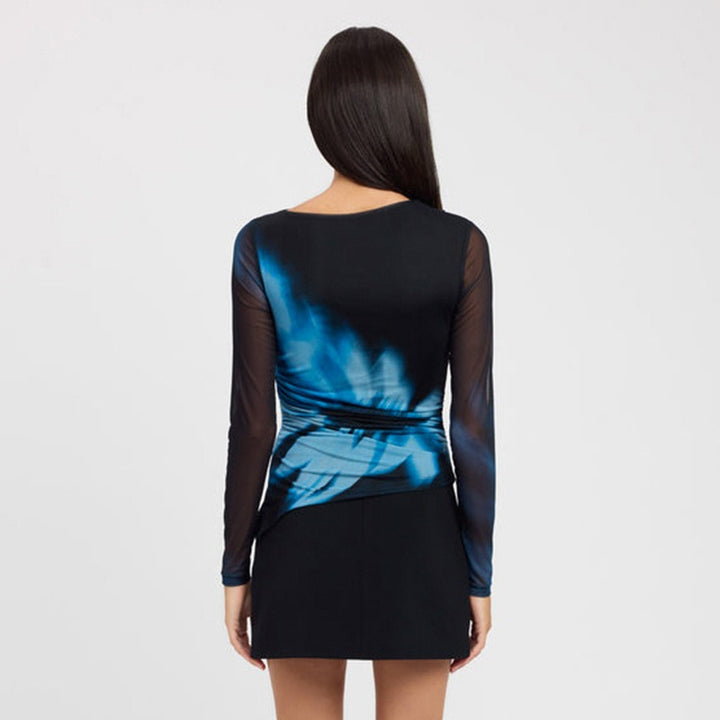Black Abstract Print Mesh Fitted Top