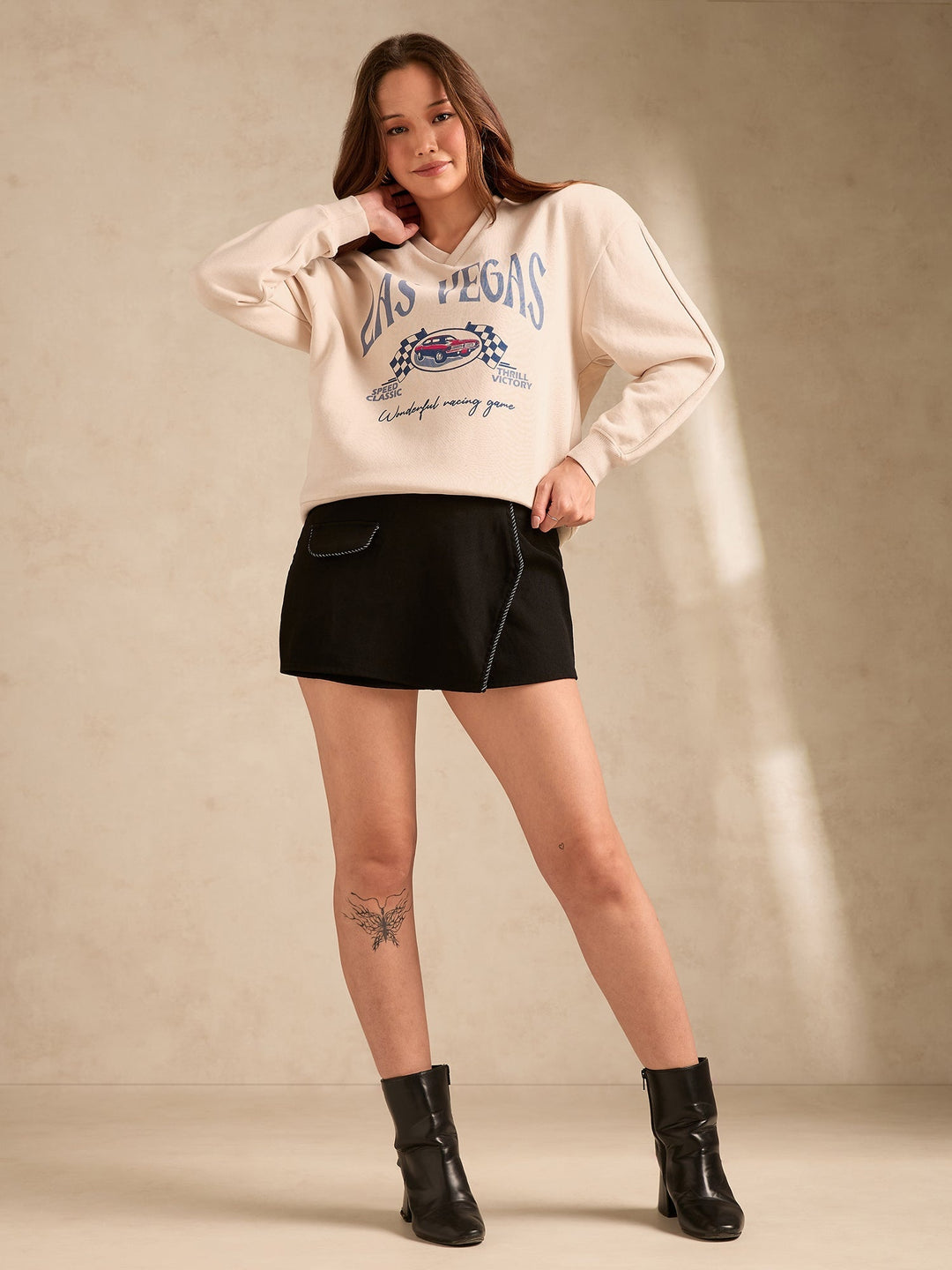 Cream Retro Racing Graphic Russian Fleece Pullover