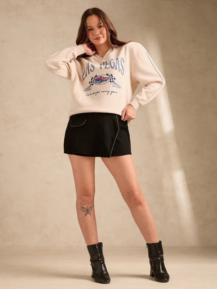 Cream Retro Racing Graphic Russian Fleece Pullover