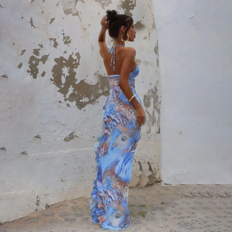Blue Halter Neck Printed Side Slit Dress