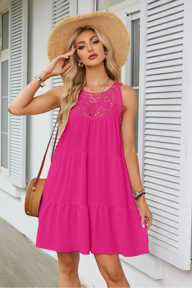 Pink Lace Inserts Tiered Mini Dress
