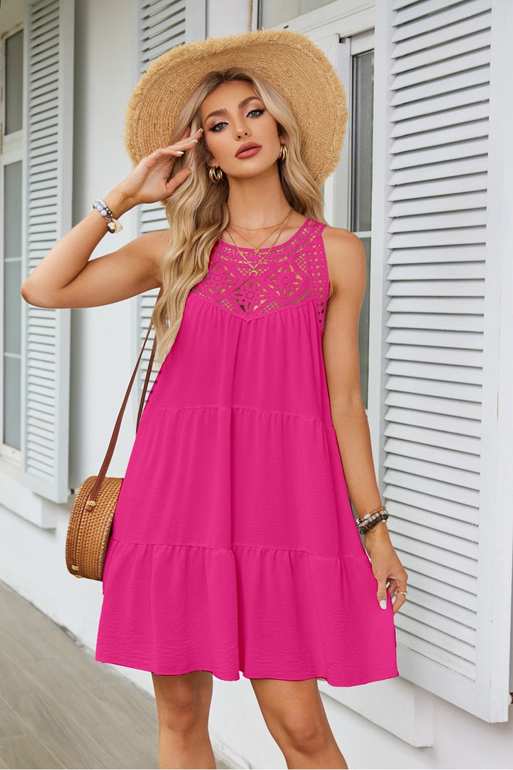 Pink Lace Inserts Tiered Mini Dress