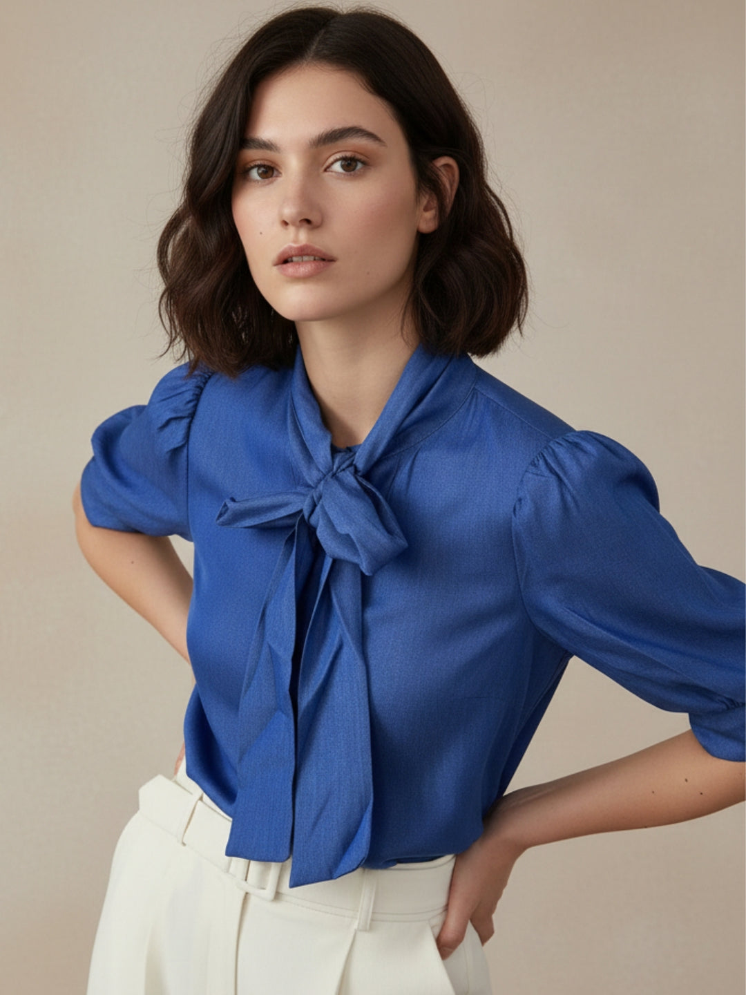 Blue Puff Sleeved Large Bow Detail Neck Blousson