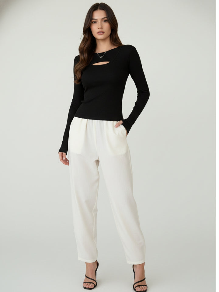 Black Full Sleeve Neck Cut-Out Fitted Top