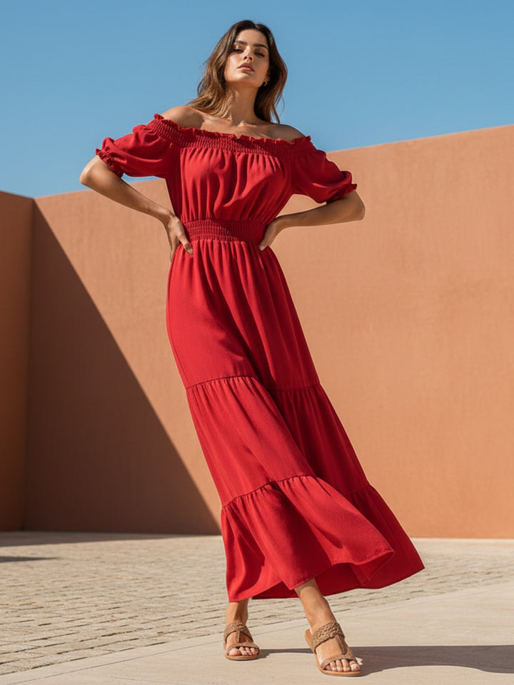Red Short Sleeve Off Shoulder Dress