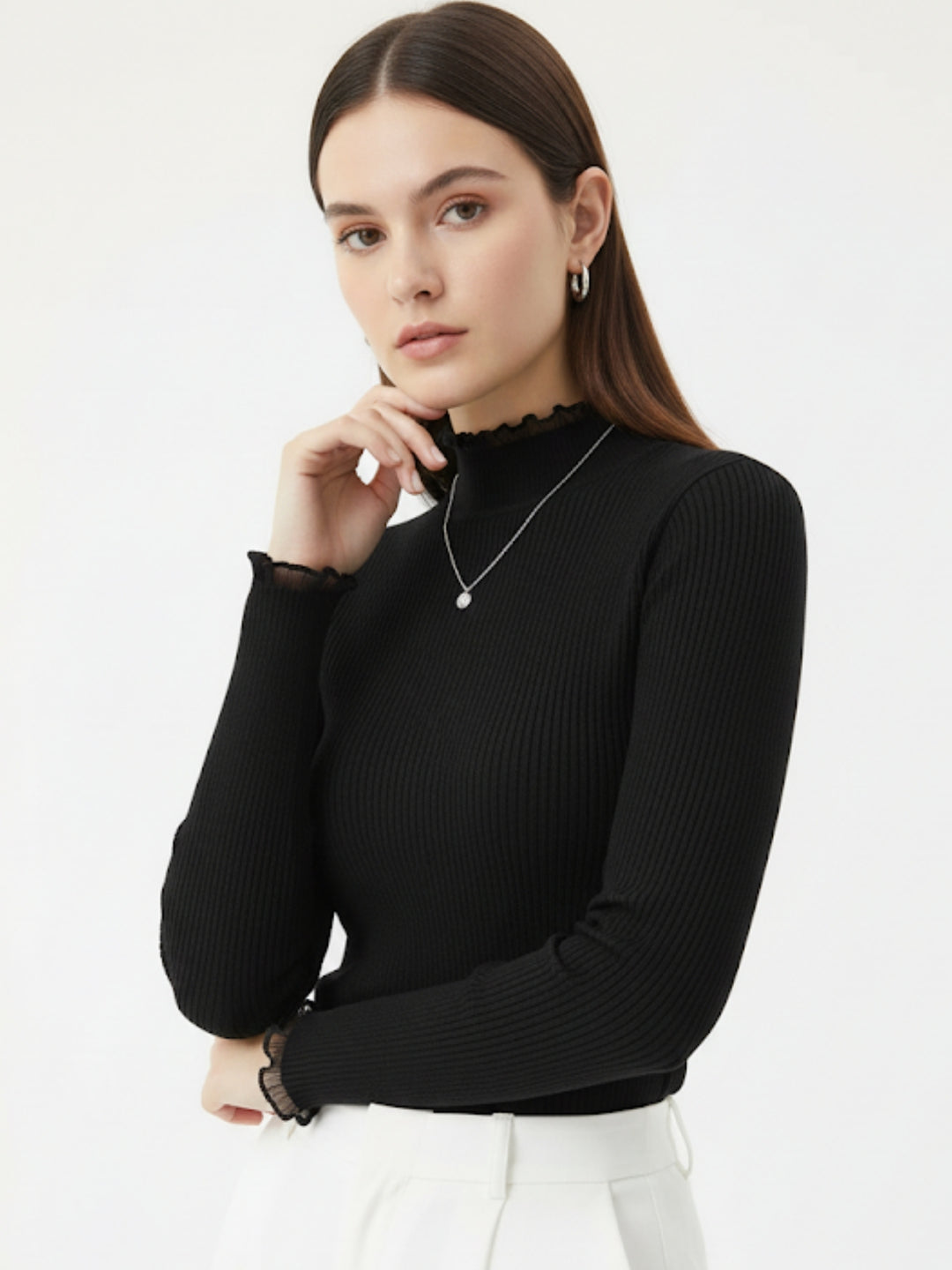 Black High Neck Scallop Detail Top