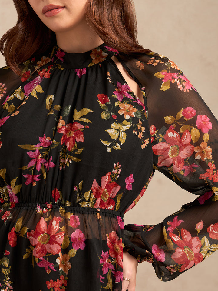 Black Floral Printed Blouse With Peplum Waist Detail