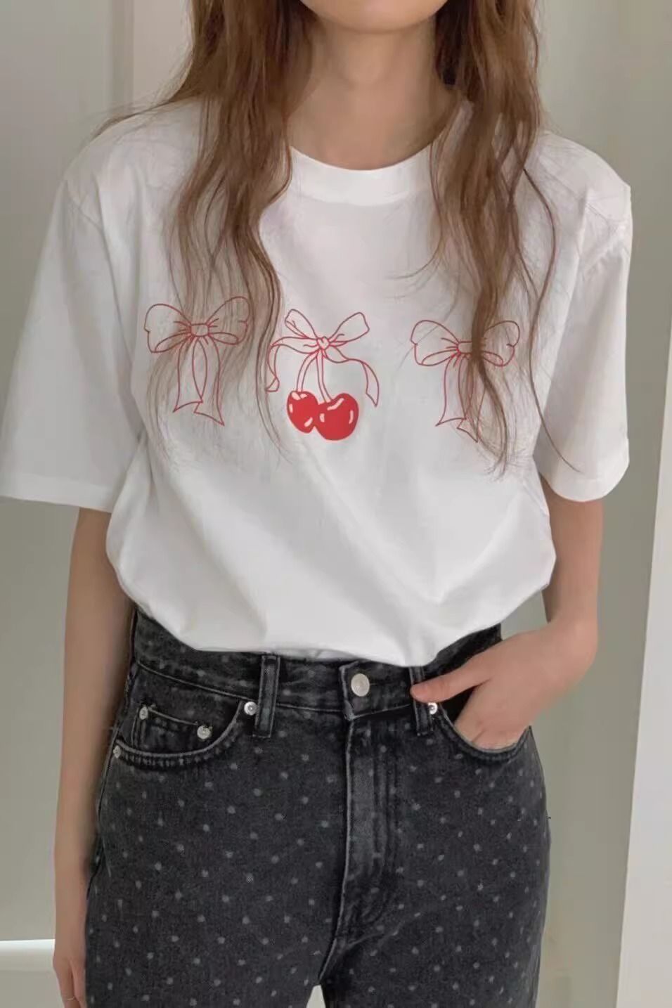 White Cherry Print Graphic T Shirt