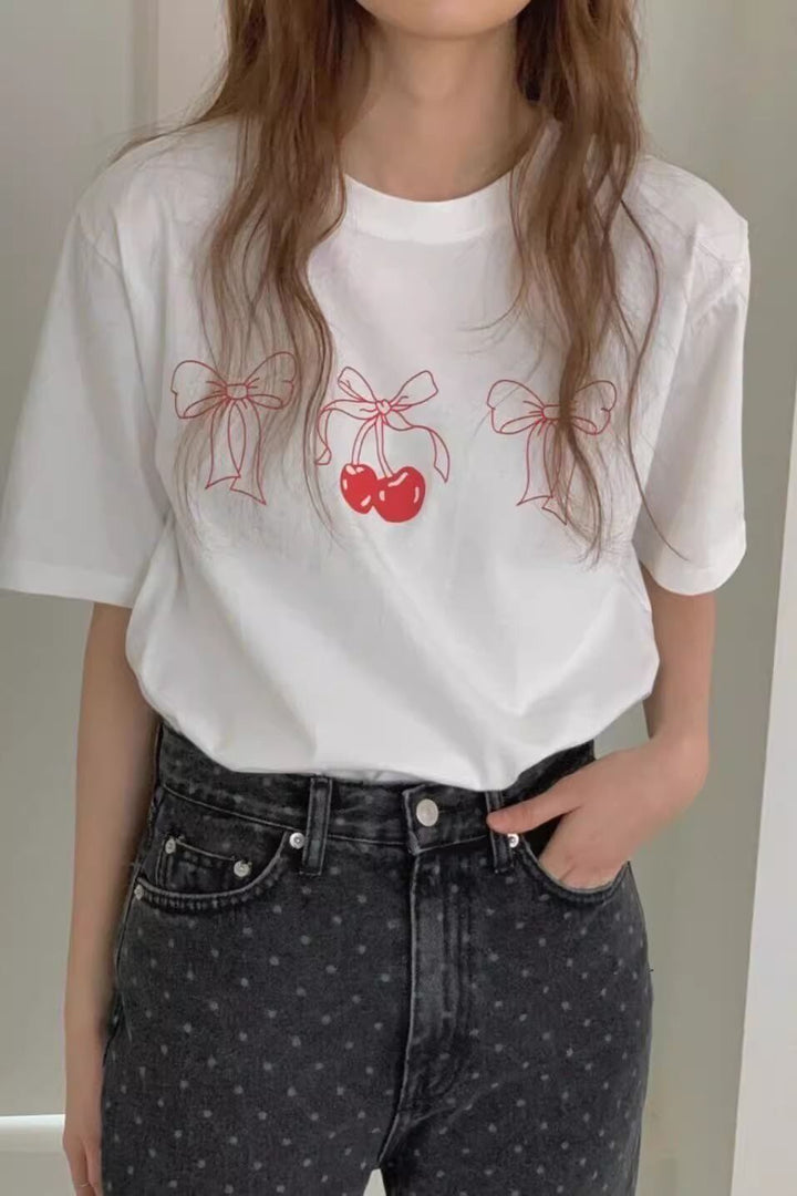 White Cherry Print Graphic T Shirt
