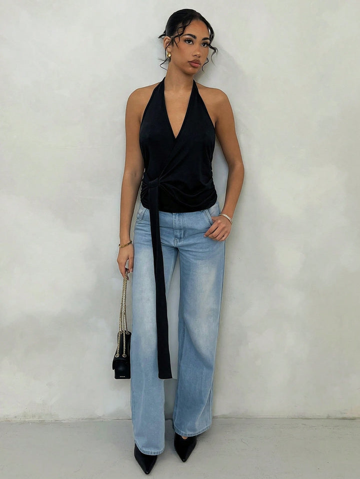 Black Halter Neck Wrap Top