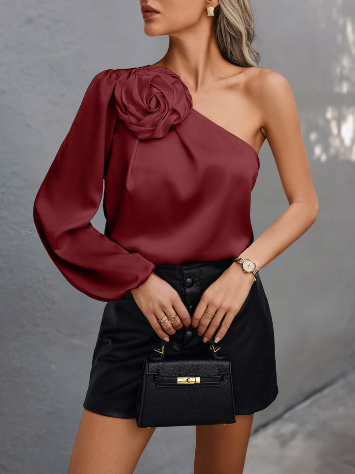 Wine  One Shoulder Floral Embellished Top