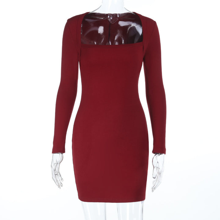 Burgundy Square neck basic solid dress