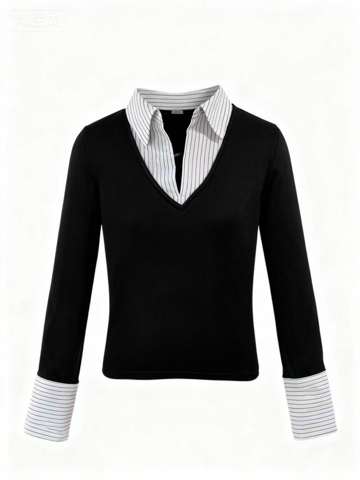 Black Full Sleeve Contrast Collar Fitted Top