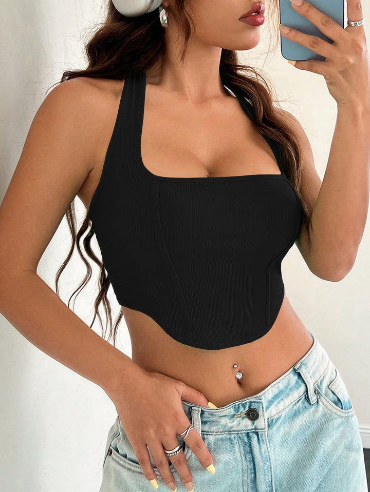 Black Halter Neck Tank With An Apple Hem