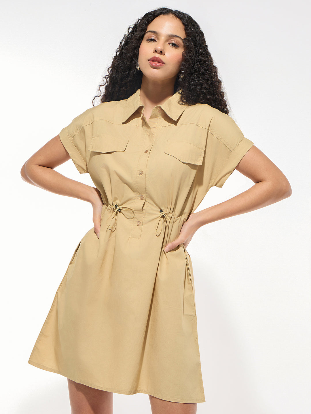 Khaki Short-Sleeved Shirt Dress