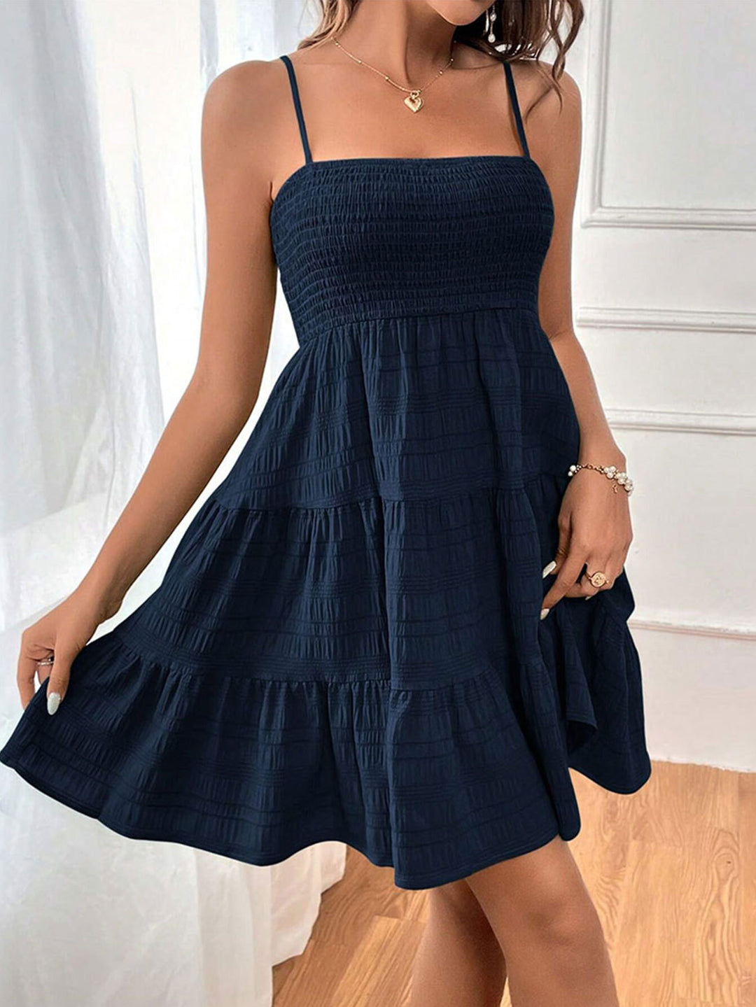 Navy Blue Shoulder Strap Tiered Dress