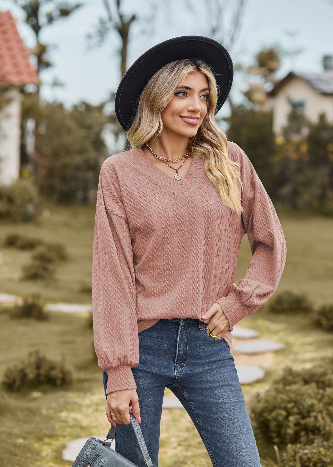 Nude Bishop Sleeve V Neck Sweatshirt