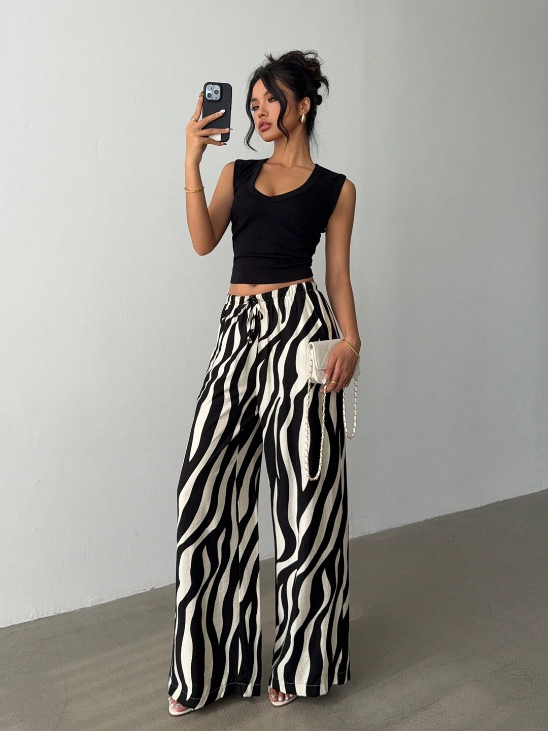 Black Printed Wide Leg Trouser