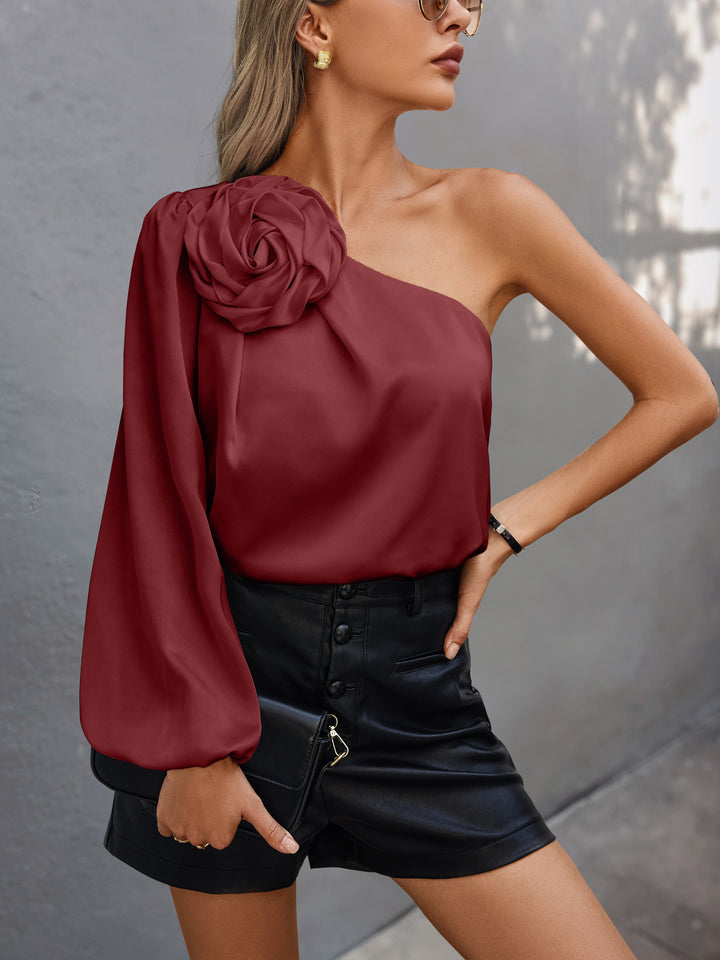 Wine  One Shoulder Floral Embellished Top