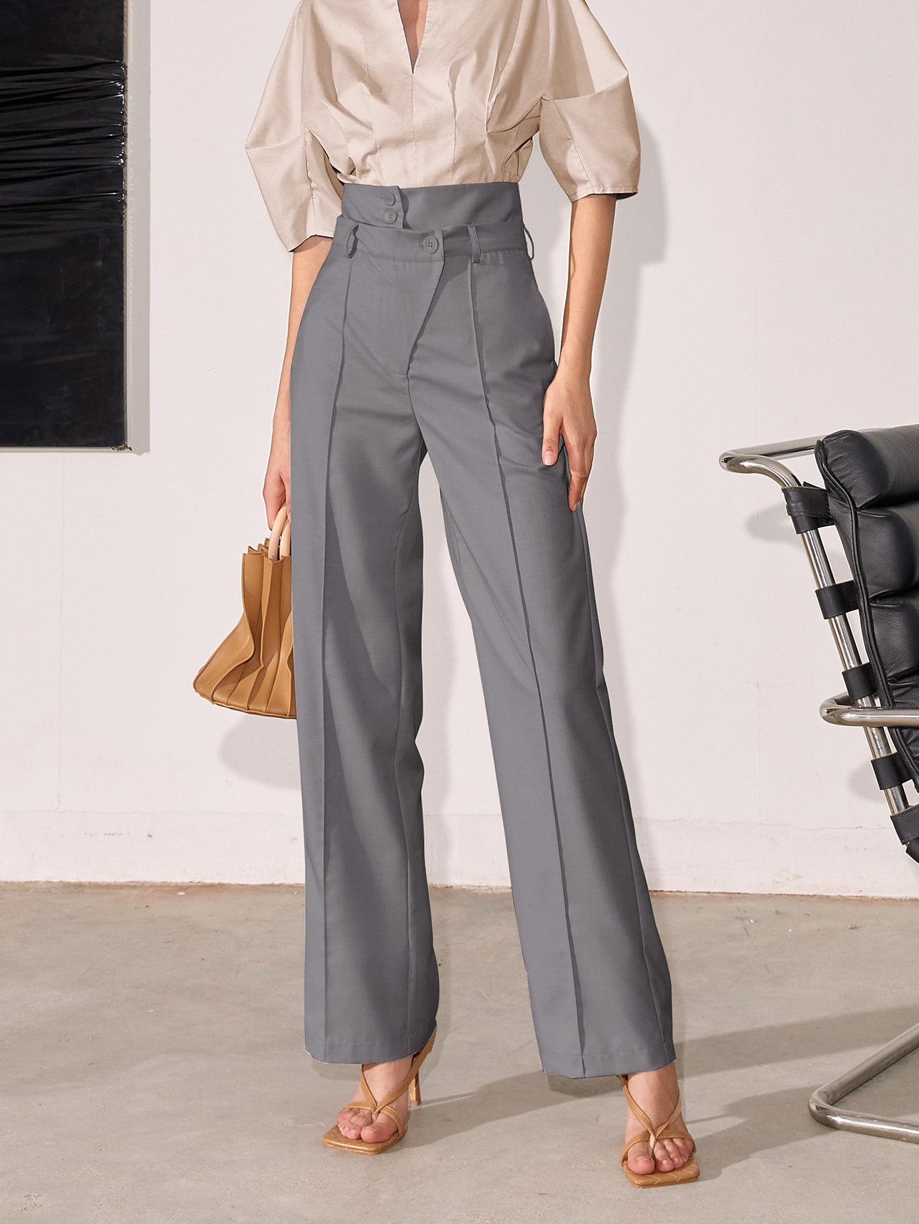 Grey High Waist Side Button Pant