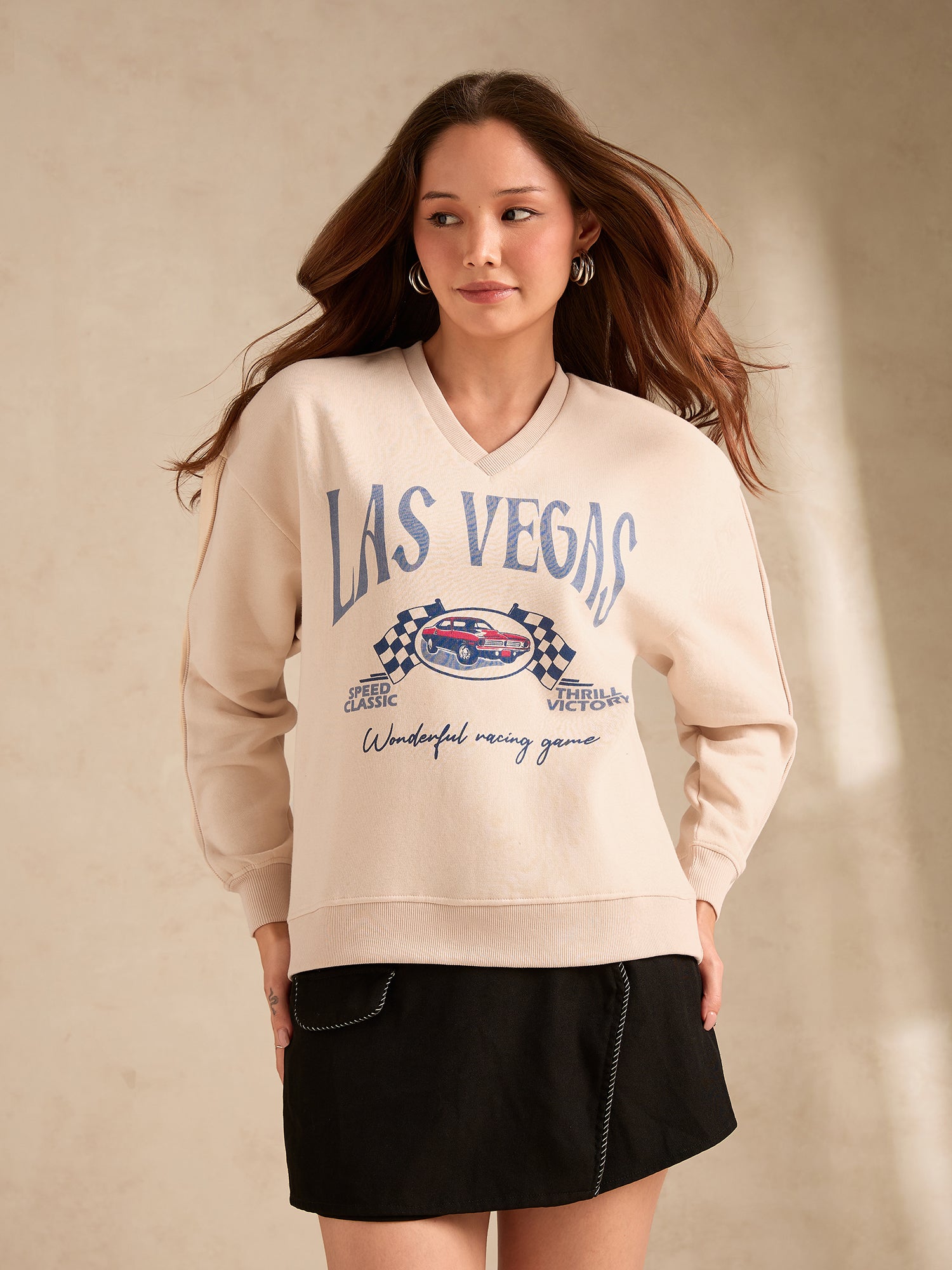 Cream Varsity V Neck Graphic Sweatshirt